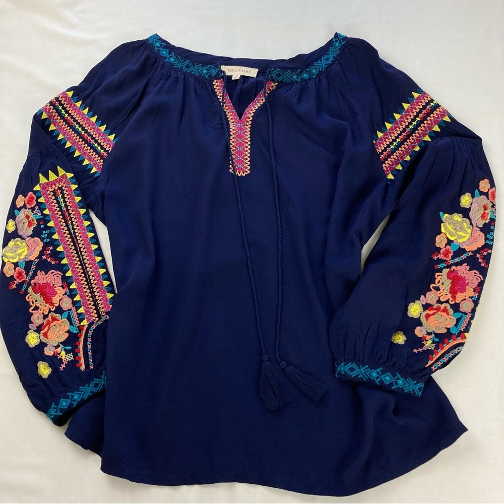 Aztec Bohemian Embroidered Navy Blue Peasant Tunic Top Medium